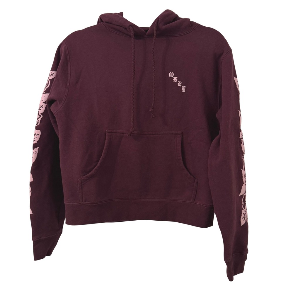 OBEY Hoodie Sweatshirt S Burgundy Floral Sleeves Cotton Blend‎ Skater Casual